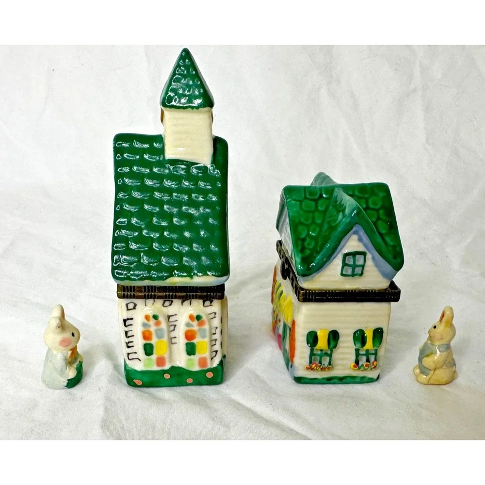 Trinket Box Church Flower Shop Bunny Rabbit Set 2 Mini Ceramic Lid Opens
